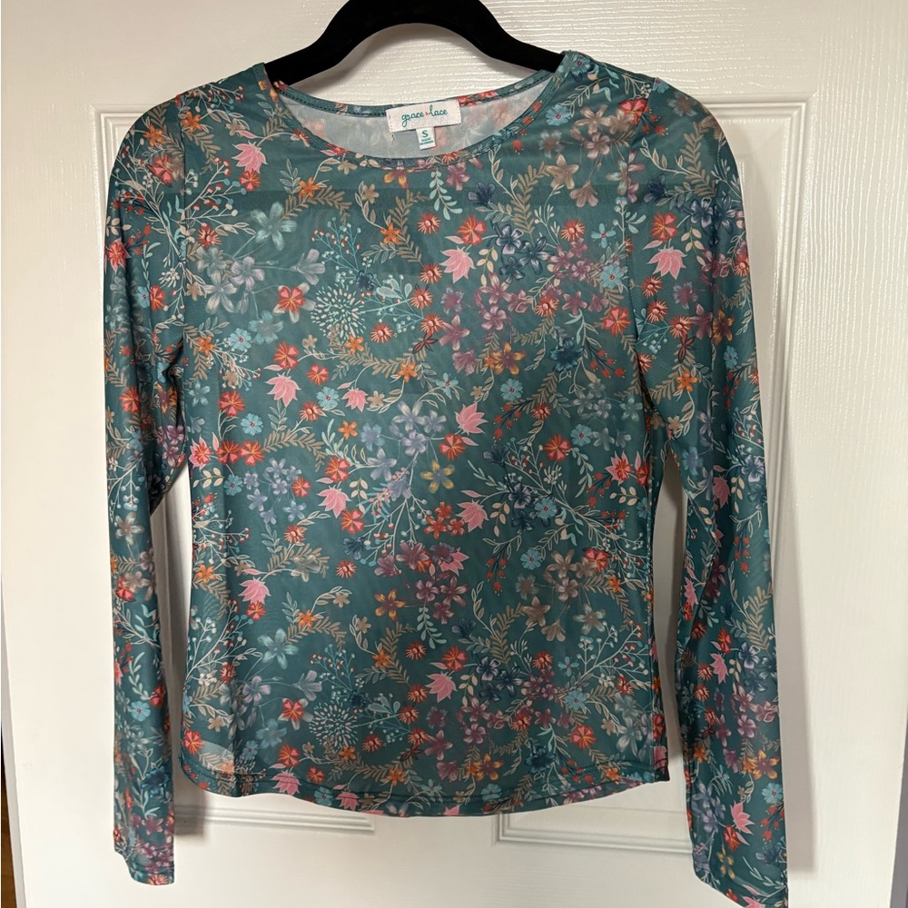 Grace & Lace Teal Floral Mesh Blouse